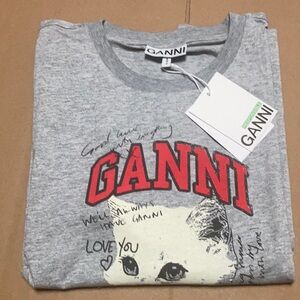 Ganni Have a Nice Day Kitten Print 3/4 sleeve Ringer Tee size small